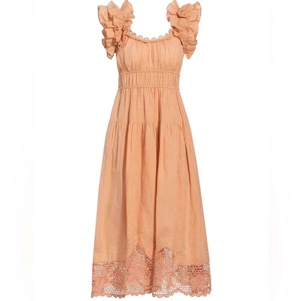 ULLA JOHNSON Leona Linen-Blend Tiered Midi Dress Sz 2 Color Azalea Ruffle Eyelet
